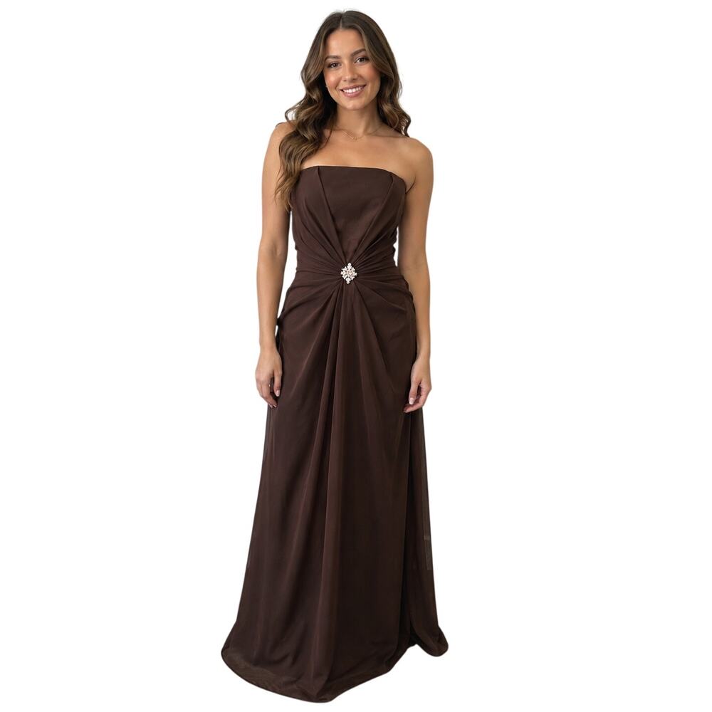 Bonny Strapless Ruched Chiffon Evening Gown Dark Brown Women's Size 14